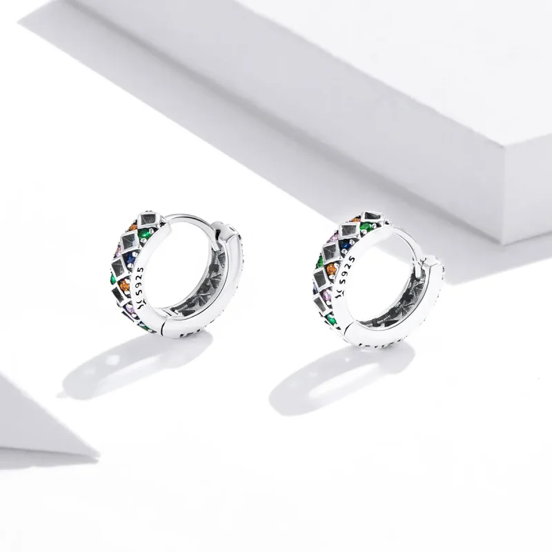 (image for) Pandora Style Silver Hoop Earrings, Color Dot Blocks - SCE1123 - View 3