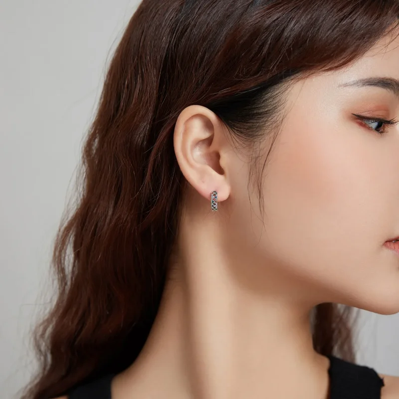 (image for) Pandora Style Silver Hoop Earrings, Color Dot Blocks - SCE1123 - View 7