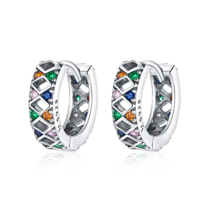 (image for) Pandora Style Silver Hoop Earrings, Color Dot Blocks - SCE1123 - Product Image