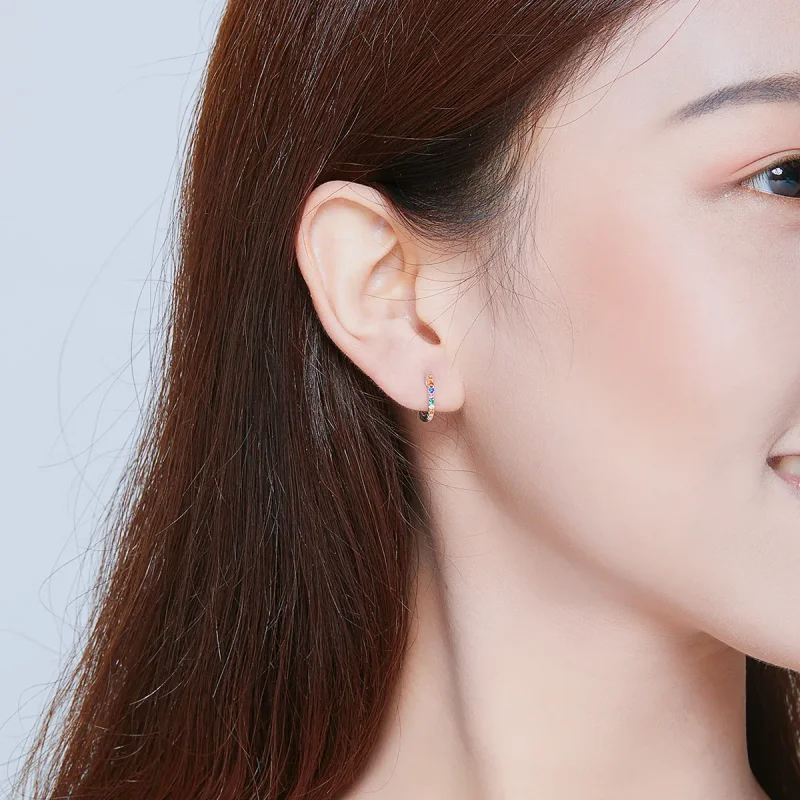 (image for) Pandora Style Silver Hoop Earrings, Colorful Zircon - SCE721 - View 6