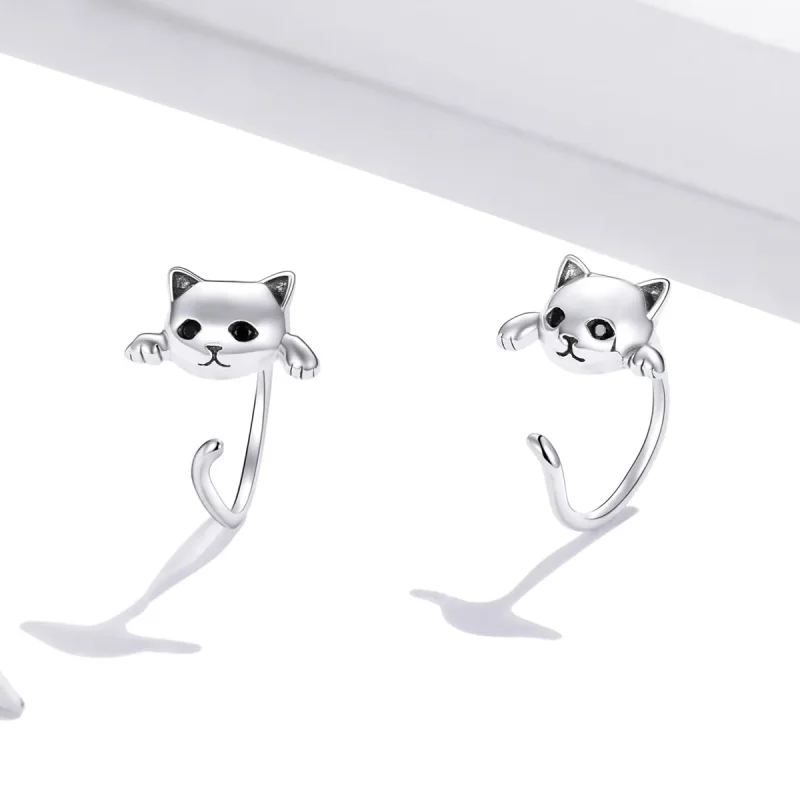 (image for) Pandora Style Silver Hoop Earrings, Cute Cat - SCE965 - View 2