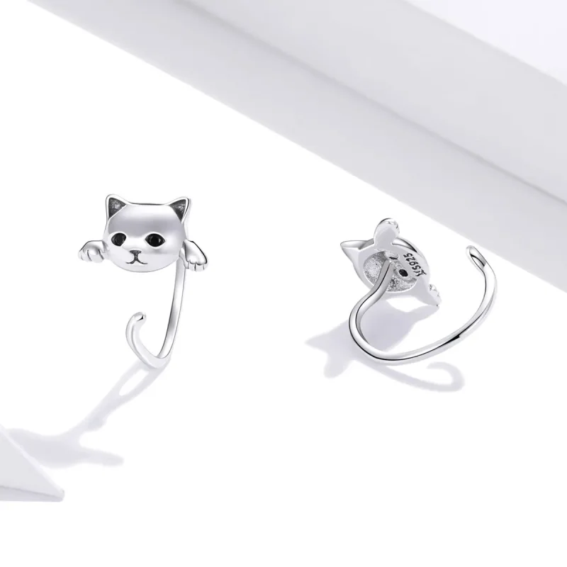 (image for) Pandora Style Silver Hoop Earrings, Cute Cat - SCE965 - View 4
