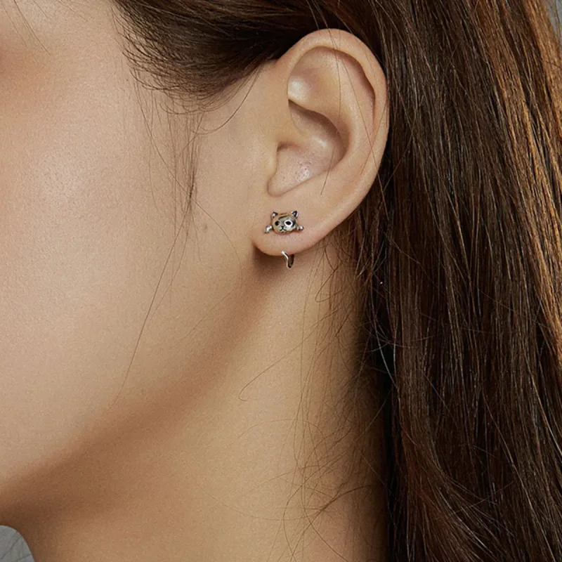 (image for) Pandora Style Silver Hoop Earrings, Cute Cat - SCE965 - View 5