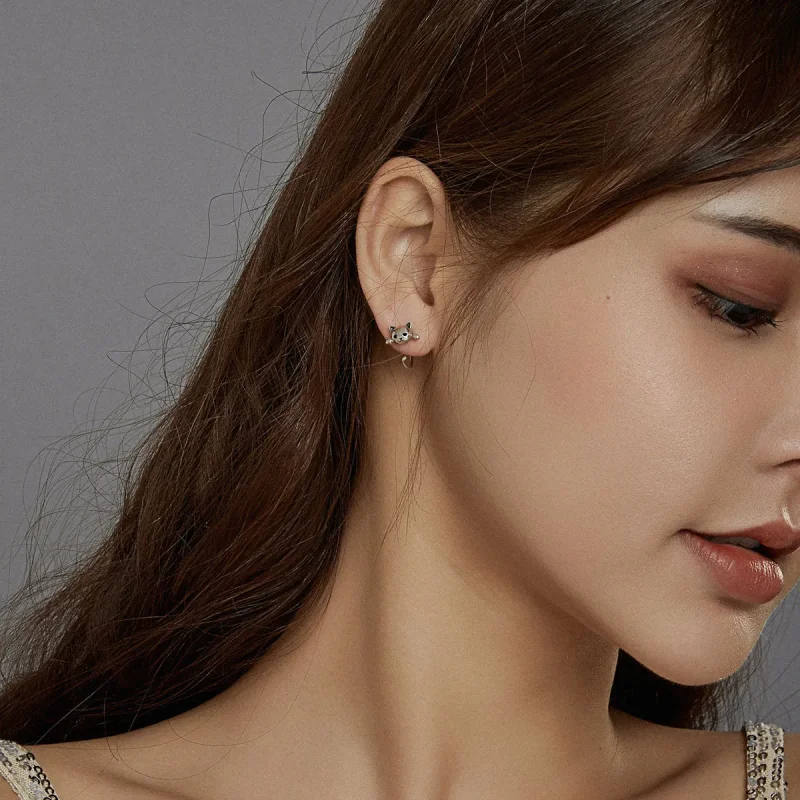 (image for) Pandora Style Silver Hoop Earrings, Cute Cat - SCE965 - View 6