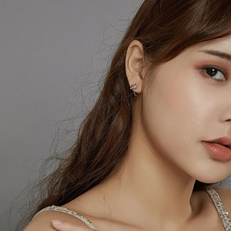 (image for) Pandora Style Silver Hoop Earrings, Cute Cat - SCE965 - View 7