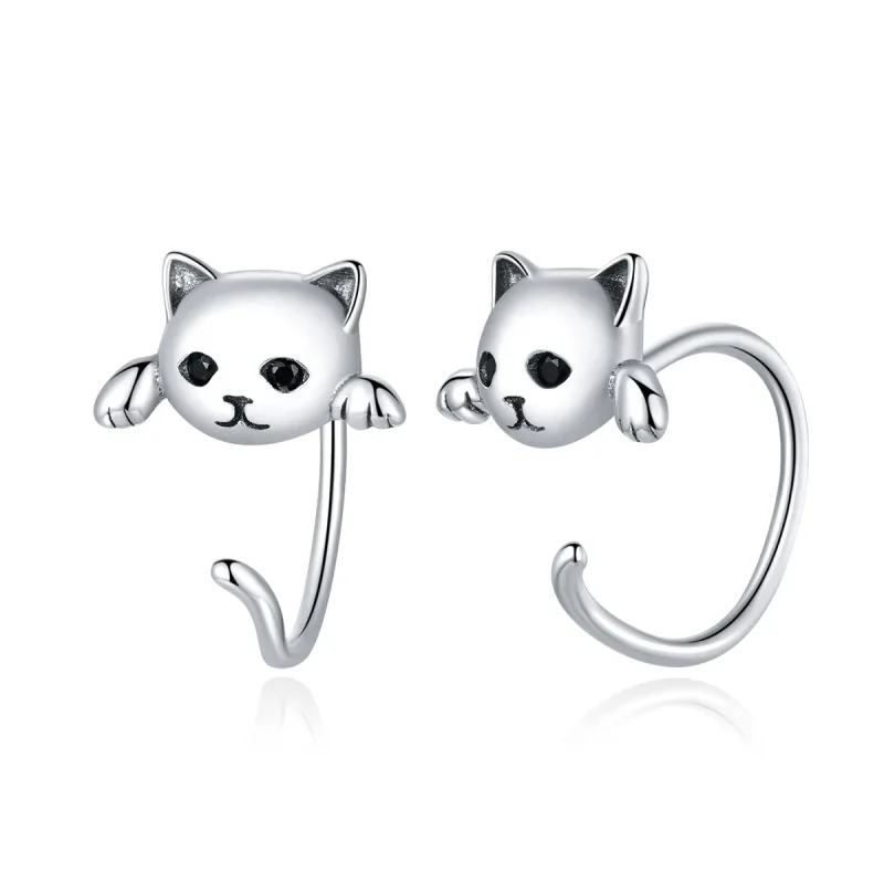 (image for) Pandora Style Silver Hoop Earrings, Cute Cat - SCE965 - Product Image