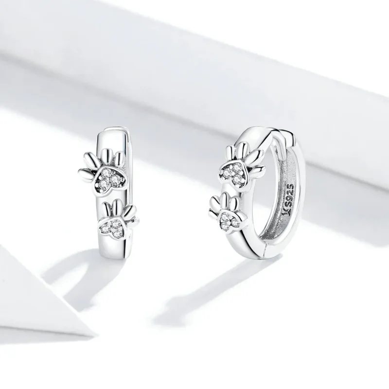 (image for) Pandora Style Silver Hoop Earrings, Cute Paw Print - SCE938 - View 2
