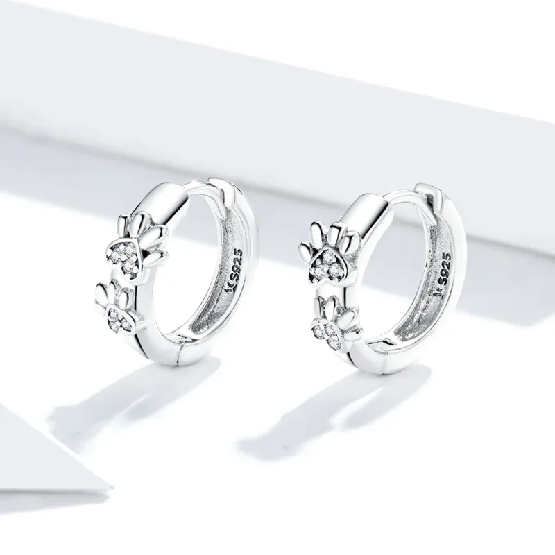(image for) Pandora Style Silver Hoop Earrings, Cute Paw Print - SCE938 - View 3
