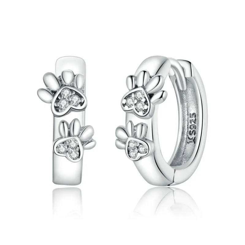 (image for) Pandora Style Silver Hoop Earrings, Cute Paw Print - SCE938 - Product Image