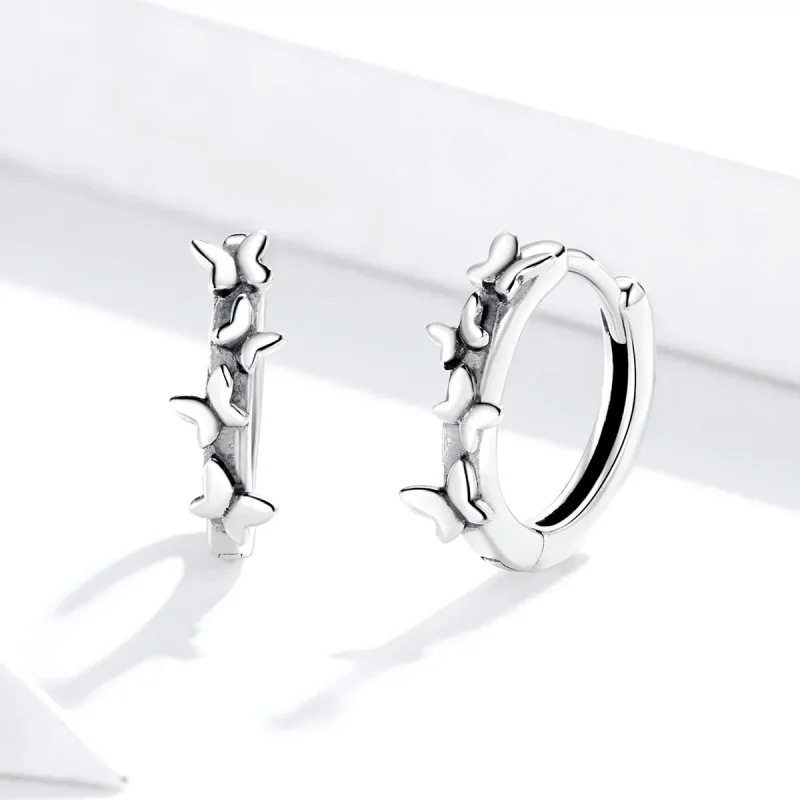 (image for) Pandora Style Silver Hoop Earrings, Elegant Butterfiles - SCE927 - View 2