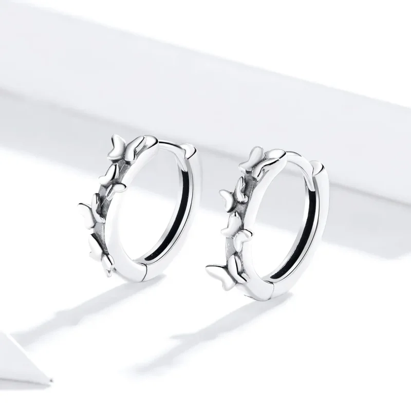 (image for) Pandora Style Silver Hoop Earrings, Elegant Butterfiles - SCE927 - View 3