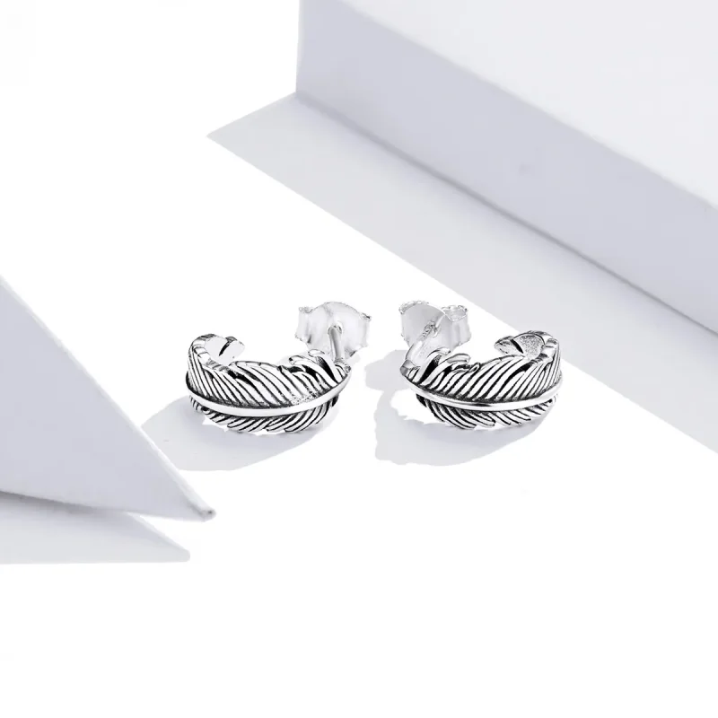 (image for) Pandora Style Silver Hoop Earrings, Feather - SCE923 - View 2