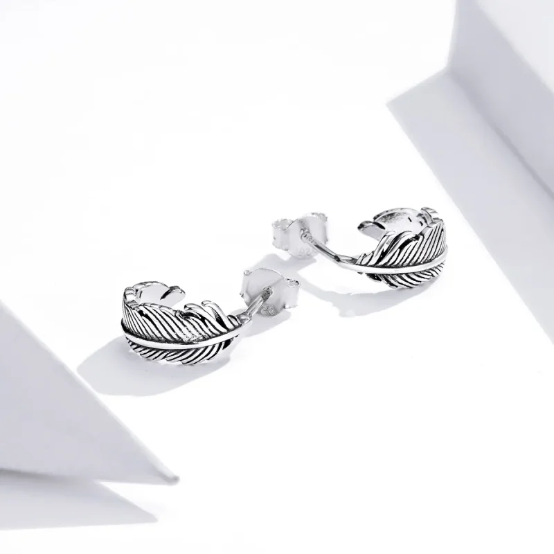 (image for) Pandora Style Silver Hoop Earrings, Feather - SCE923 - View 3