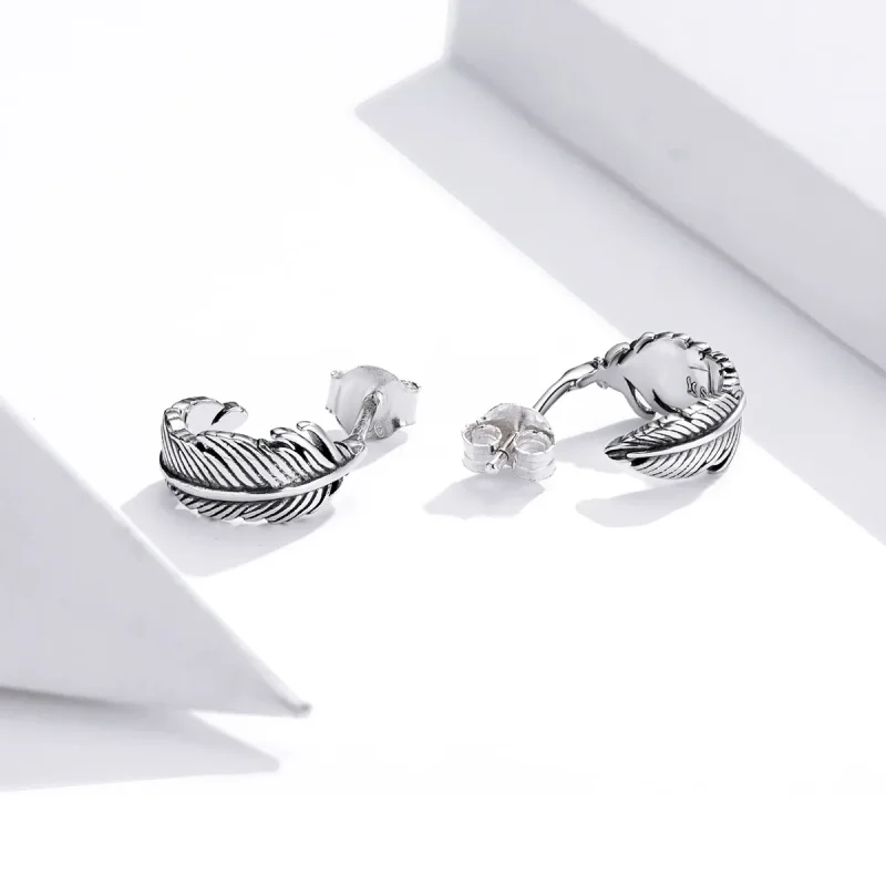 (image for) Pandora Style Silver Hoop Earrings, Feather - SCE923 - View 4
