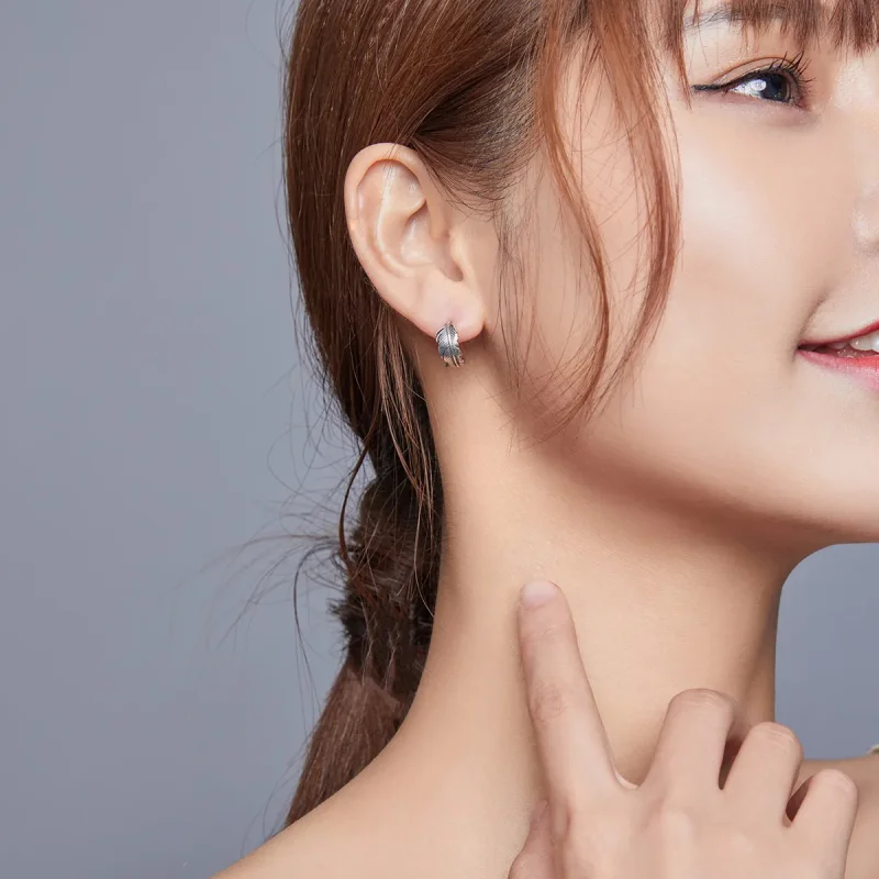 (image for) Pandora Style Silver Hoop Earrings, Feather - SCE923 - View 5