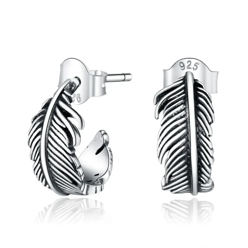 (image for) Pandora Style Silver Hoop Earrings, Feather - SCE923 - Product Image