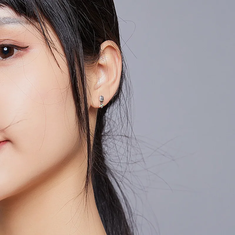 (image for) Pandora Style Silver Hoop Earrings, Groot, Green Enamel - SCE900 - View 6