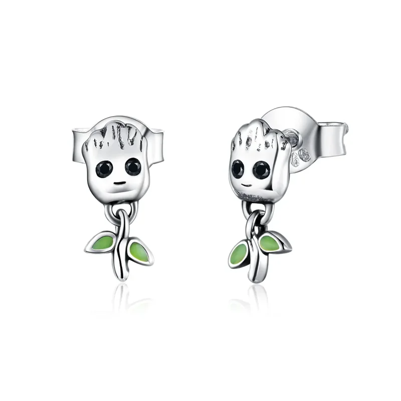 (image for) Pandora Style Silver Hoop Earrings, Groot, Green Enamel - SCE900 - Product Image