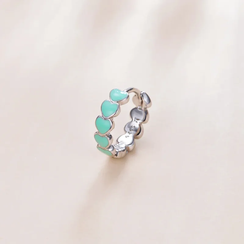 (image for) Pandora Style Silver Hoop Earrings, Hearts, Green Enamel - SCE1052-TQ - View 2