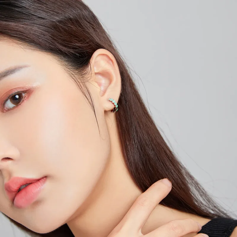 (image for) Pandora Style Silver Hoop Earrings, Hearts, Green Enamel - SCE1052-TQ - View 3