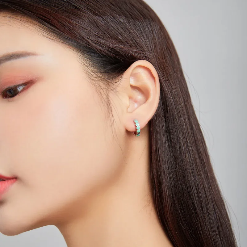 (image for) Pandora Style Silver Hoop Earrings, Hearts, Green Enamel - SCE1052-TQ - View 4