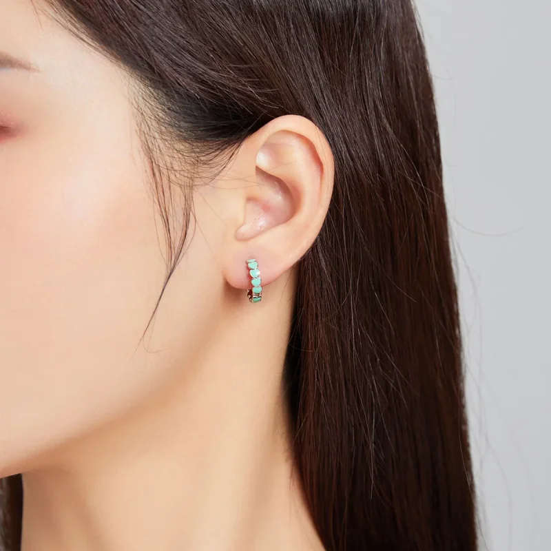 (image for) Pandora Style Silver Hoop Earrings, Hearts, Green Enamel - SCE1052-TQ - View 5