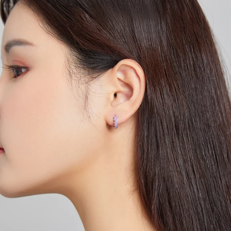 (image for) Pandora Style Silver Hoop Earrings, Hearts, Purple Enamel - SCE1052-VT - View 3