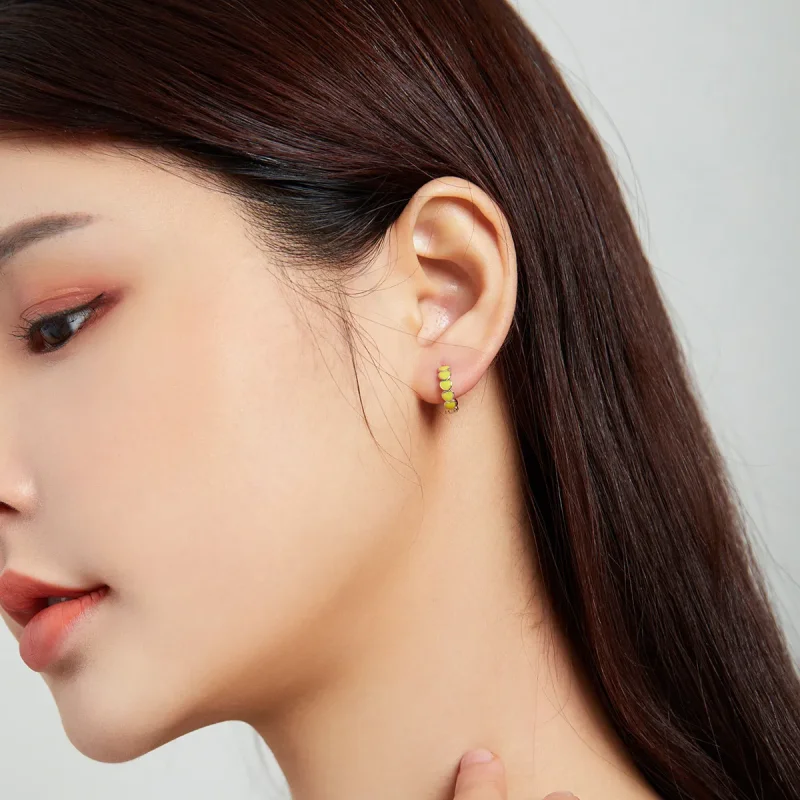 (image for) Pandora Style Silver Hoop Earrings, Hearts, Yellow Enamel - SCE1052-YE - View 3