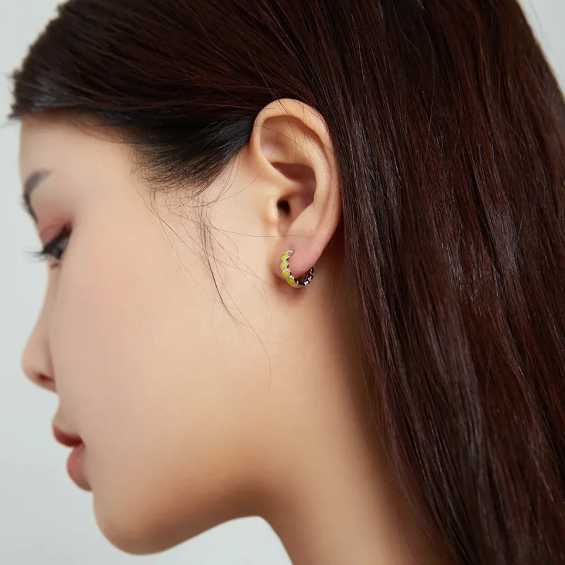 (image for) Pandora Style Silver Hoop Earrings, Hearts, Yellow Enamel - SCE1052-YE - View 4