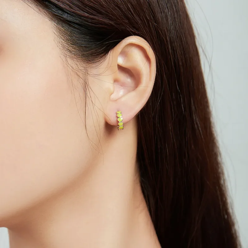 (image for) Pandora Style Silver Hoop Earrings, Hearts, Yellow Enamel - SCE1052-YE - View 5