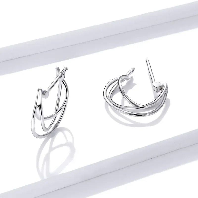(image for) Pandora Style Silver Hoop Earrings, Intertwined Lines - BSE443 - View 2