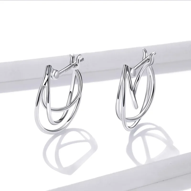 (image for) Pandora Style Silver Hoop Earrings, Intertwined Lines - BSE443 - View 3