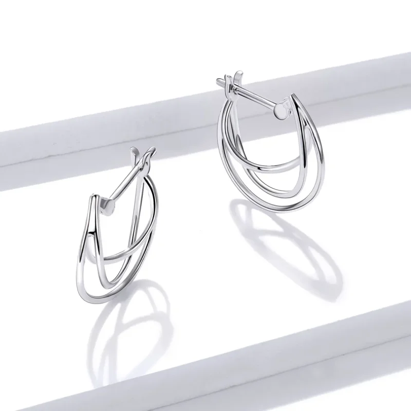 (image for) Pandora Style Silver Hoop Earrings, Intertwined Lines - BSE443 - View 4