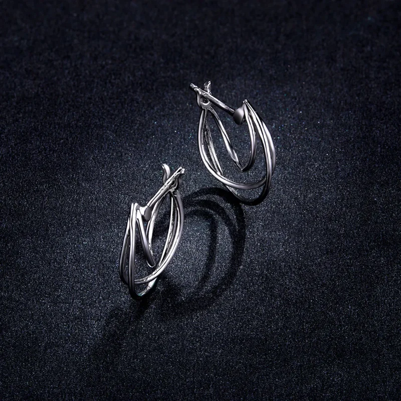 (image for) Pandora Style Silver Hoop Earrings, Intertwined Lines - BSE443 - View 5