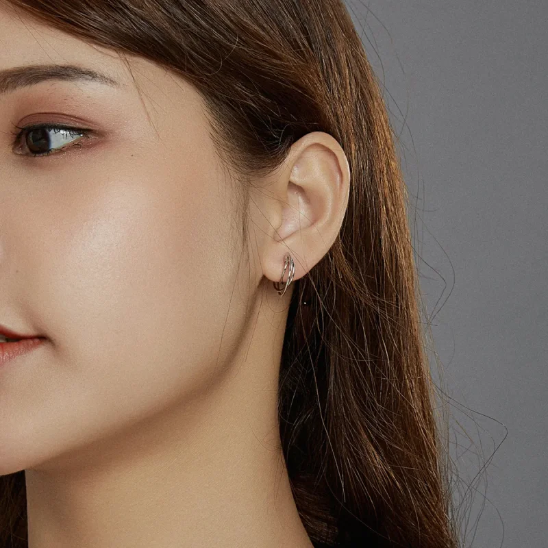 (image for) Pandora Style Silver Hoop Earrings, Intertwined Lines - BSE443 - View 7