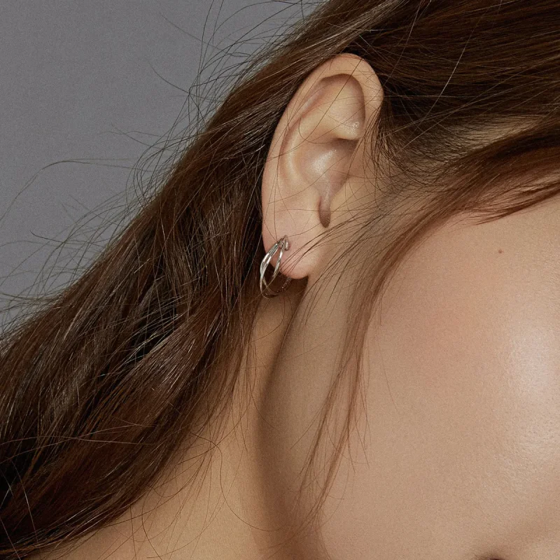 (image for) Pandora Style Silver Hoop Earrings, Intertwined Lines - BSE443 - View 8