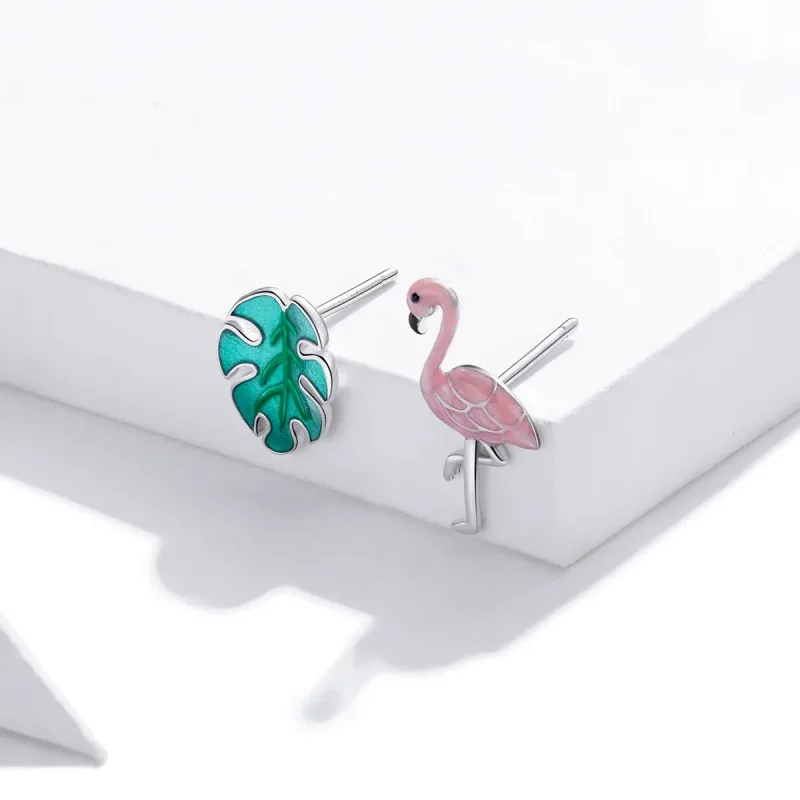 (image for) Pandora Style Silver Hoop Earrings, Leaf & Flamingos, Multicolor Enamel - SCE112 - View 3