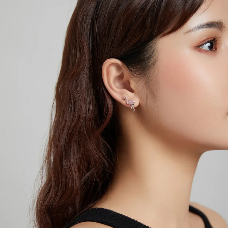 (image for) Pandora Style Silver Hoop Earrings, Leaf & Flamingos, Multicolor Enamel - SCE112 - View 5