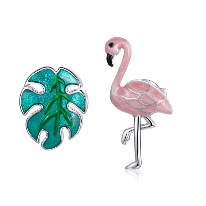 (image for) Pandora Style Silver Hoop Earrings, Leaf & Flamingos, Multicolor Enamel - SCE1124 - Product Image