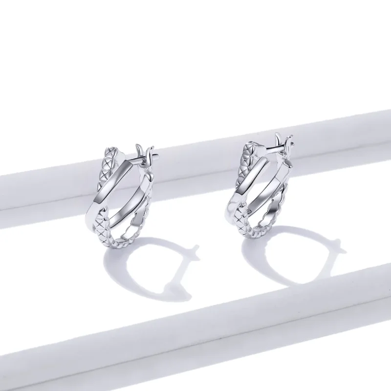 (image for) Pandora Style Silver Hoop Earrings, Leather Texture - BSE440 - View 2