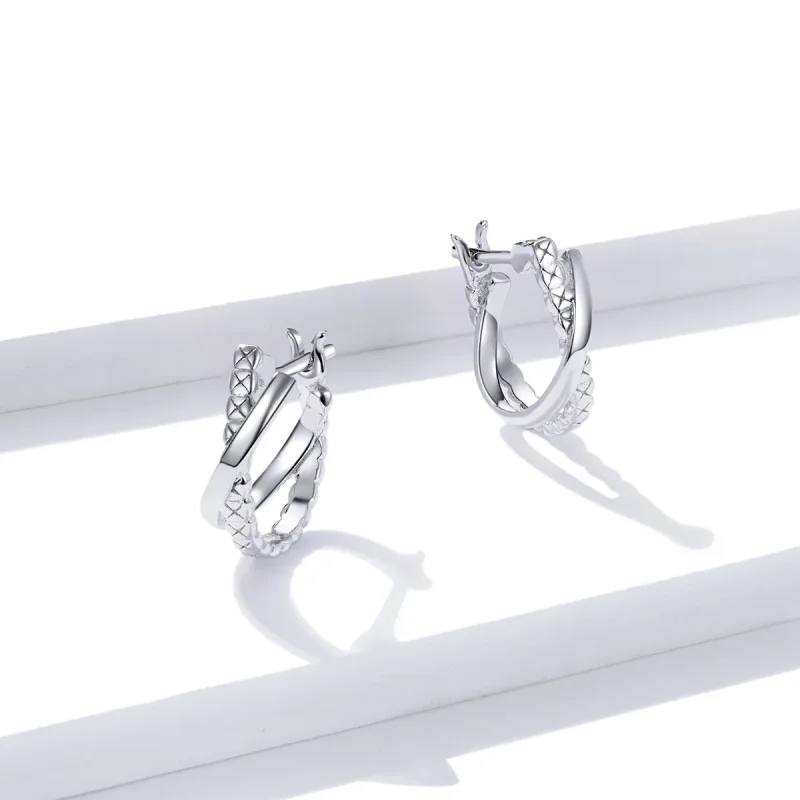 (image for) Pandora Style Silver Hoop Earrings, Leather Texture - BSE440 - View 3