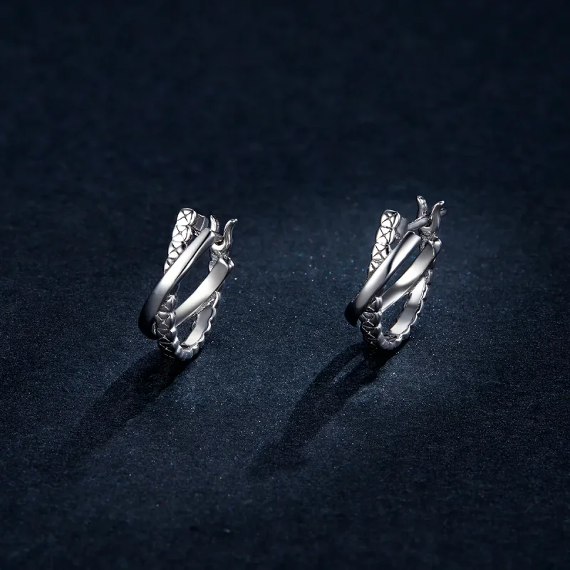 (image for) Pandora Style Silver Hoop Earrings, Leather Texture - BSE440 - View 5