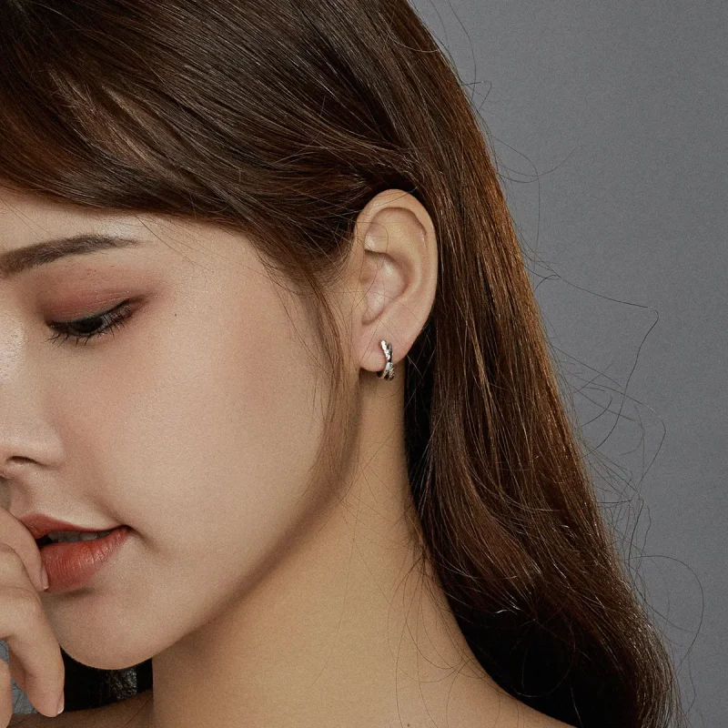 (image for) Pandora Style Silver Hoop Earrings, Leather Texture - BSE440 - View 6