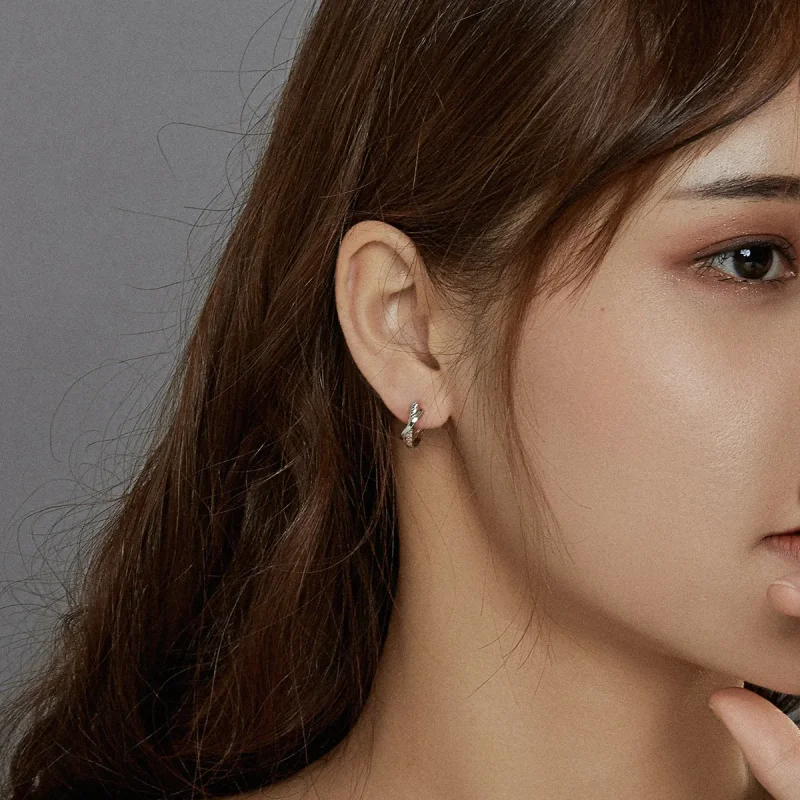 (image for) Pandora Style Silver Hoop Earrings, Leather Texture - BSE440 - View 8