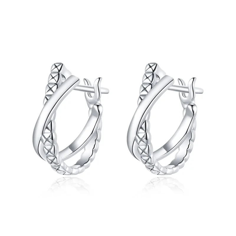 (image for) Pandora Style Silver Hoop Earrings, Leather Texture - BSE440 - Product Image