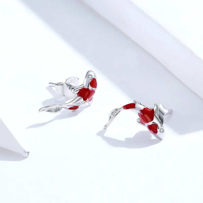 (image for) Pandora Style Silver Hoop Earrings, Lucky Koi, Red Enamel - SCE812 - View 2