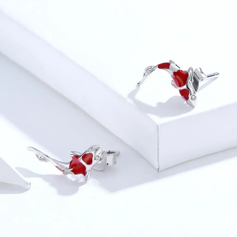 (image for) Pandora Style Silver Hoop Earrings, Lucky Koi, Red Enamel - SCE812 - View 3