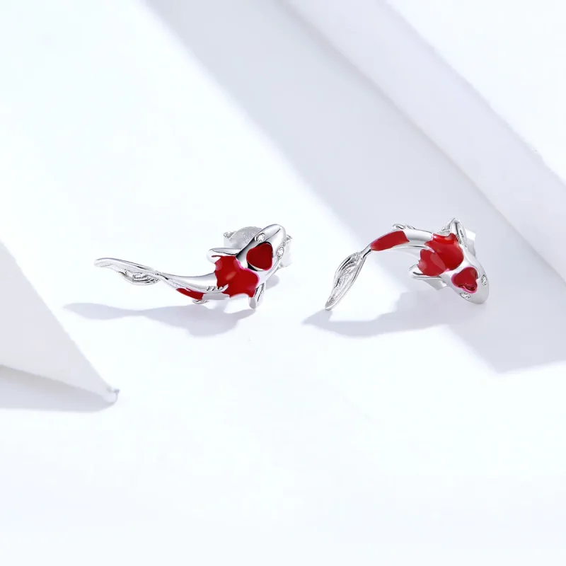 (image for) Pandora Style Silver Hoop Earrings, Lucky Koi, Red Enamel - SCE812 - View 4
