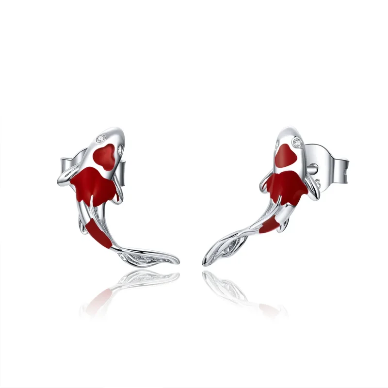 (image for) Pandora Style Silver Hoop Earrings, Lucky Koi, Red Enamel - SCE812 - Product Image
