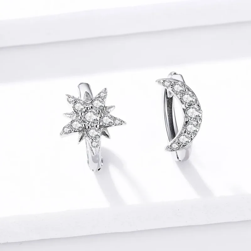 (image for) Pandora Style Silver Hoop Earrings, Moon & Star - BSE289 - View 2